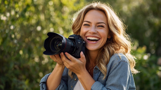 Smiling woman embracing her hobby of photography
