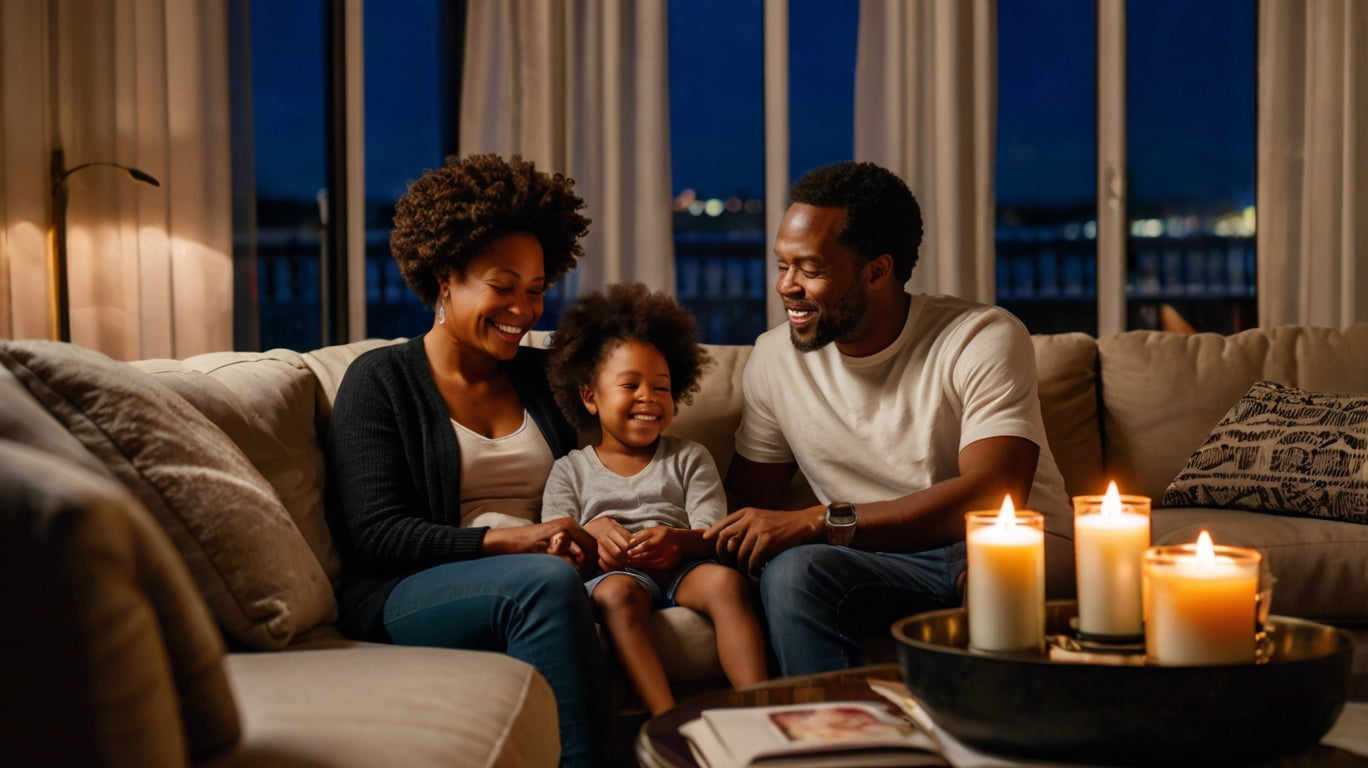 a family enjoying the ambiance created by a container candle