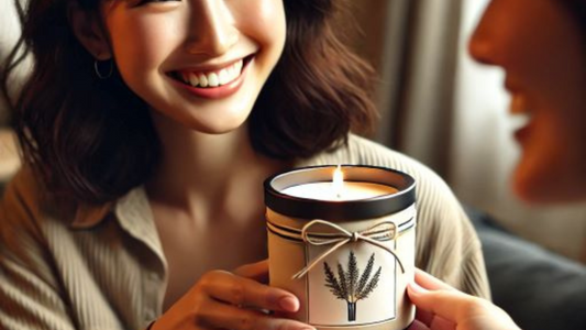 A smiling woman gifting a soy wax container candle