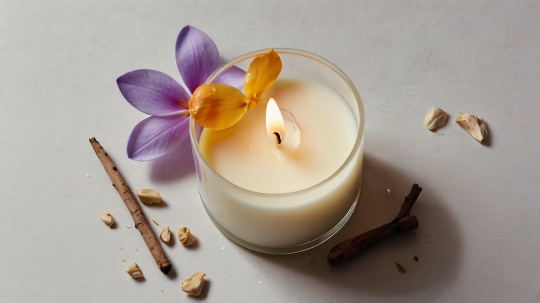 Beautiful container candle with flowers and herbs sprinkled around it