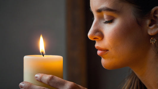 Woman smelling a 100% Soy Wax scented candle