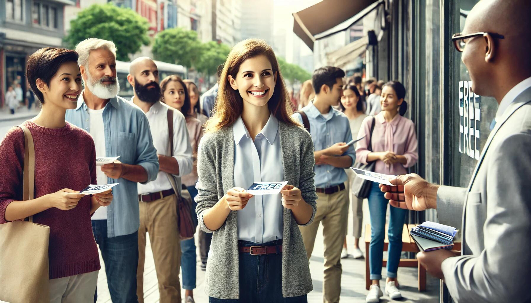 Man outside a shop handing out FREE business resources