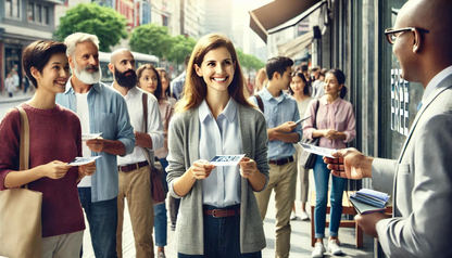 Man outside a shop handing out FREE business resources