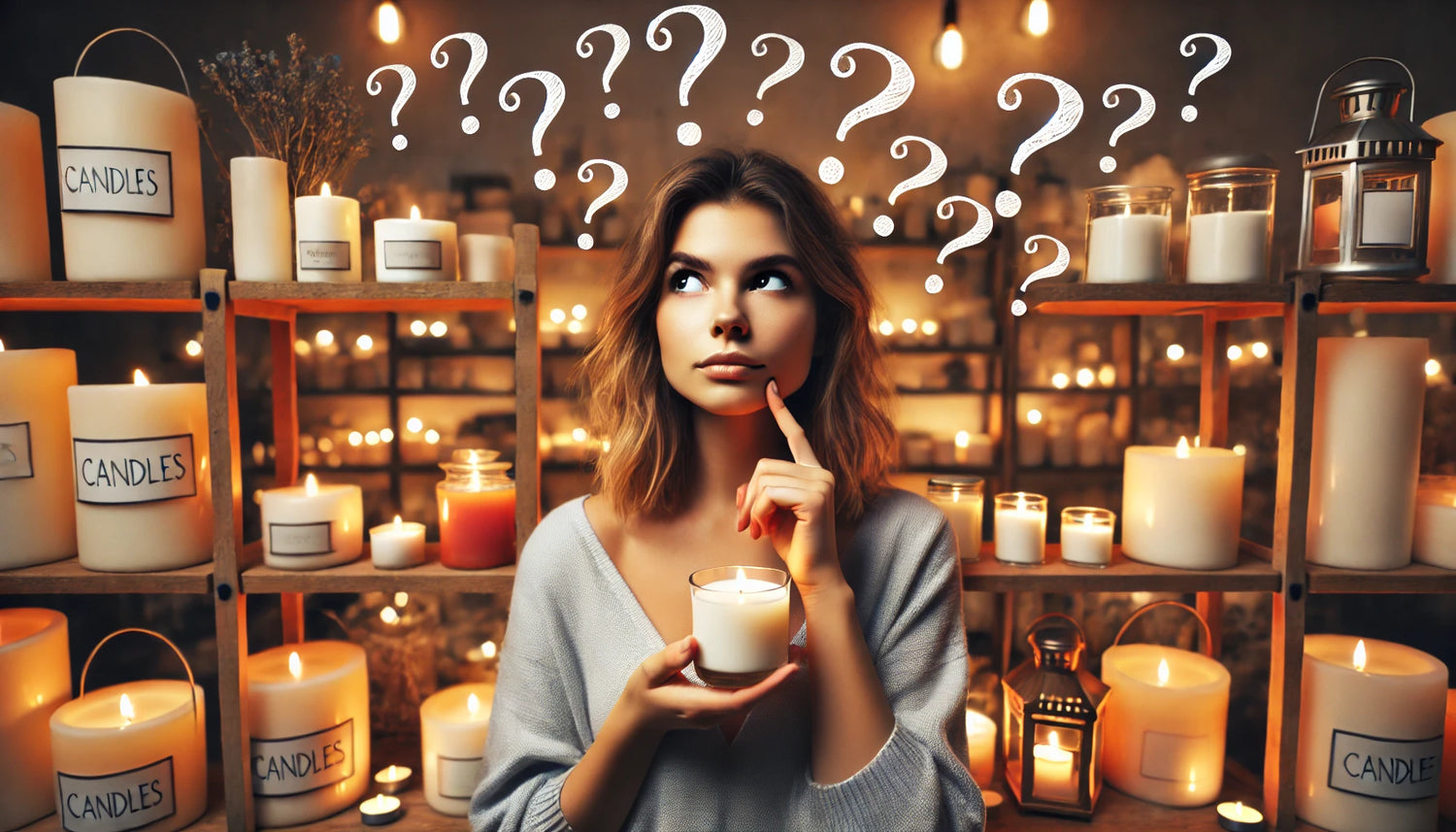 A_woman_with_a_quizzical_expression_on_her_face_standing_in_front_of_a_variety_of_candles._She_is_holding_one_candle_and_looking_thoughtful_with_que